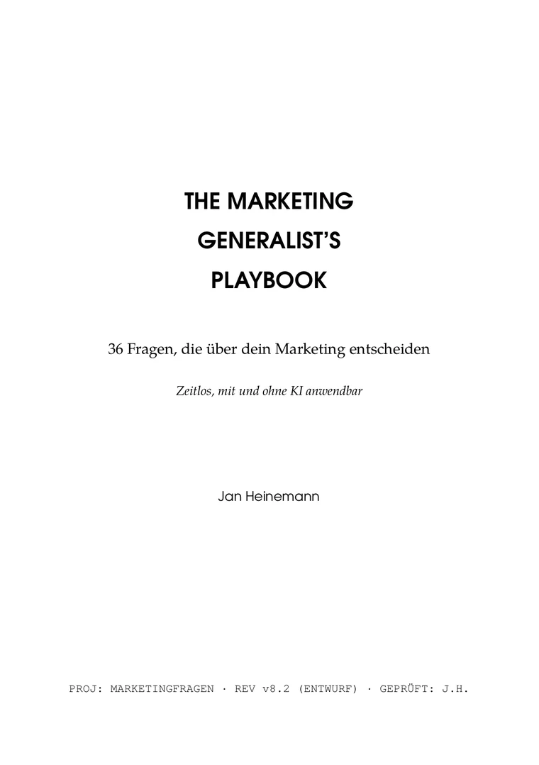 Titelseite des Buchs „The Marketing Generalist's Playbook“ von Jan Heinemann (Entwurf)
